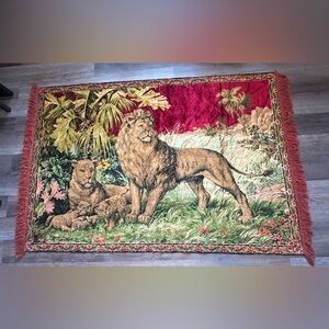 Vintage 70s Philippine Lion Family Velvet Velour Tapestry Boho Jungle Safari